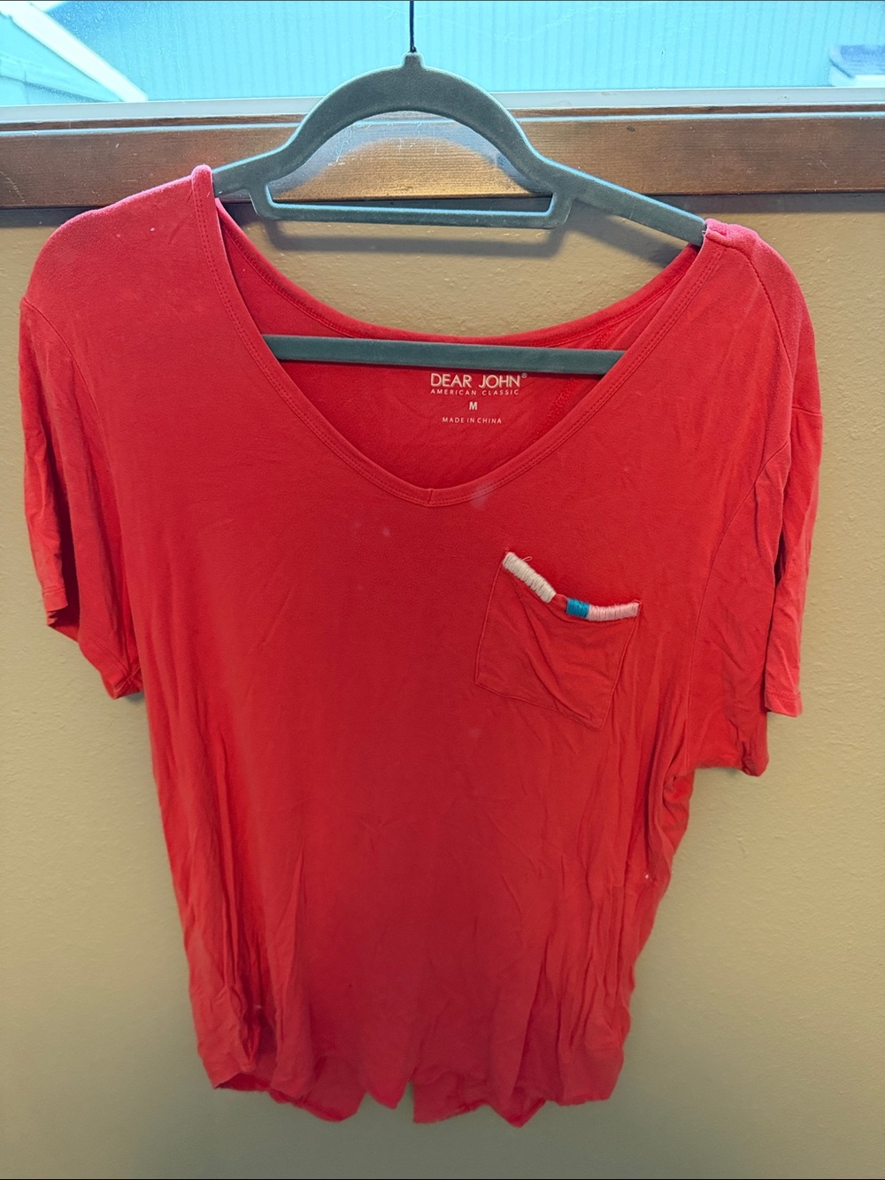 Dear John Coral-Red V-Neck Pocket Tee with Trim
